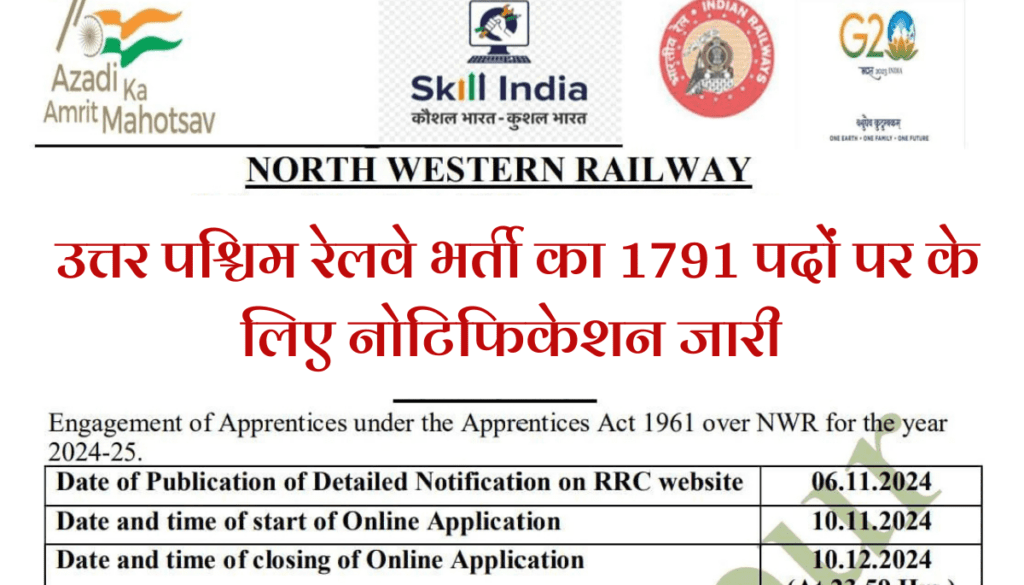 RRC North Western Railway Recruitment 2024 उत्तर पश्चिम रेलवे भर्ती का 1791 पदों पर के लिए नोटिफिकेशन जारी