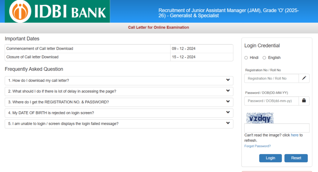 IDBI Junior Assistant Manager Admit Card 2024