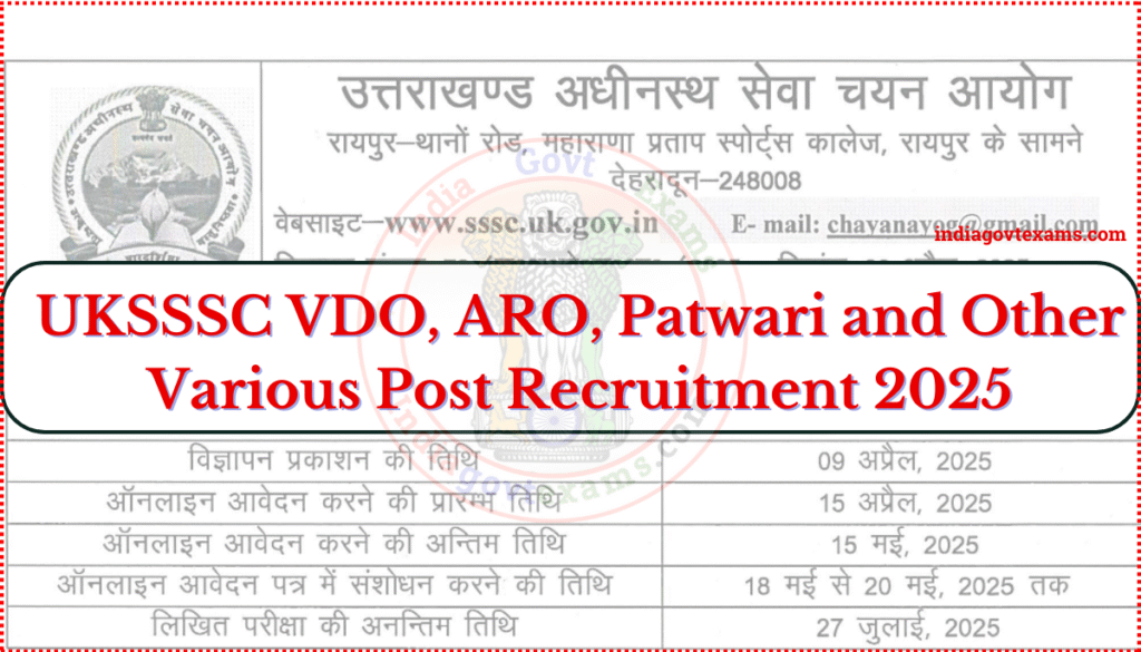 UKSSSC VDO, ARO, Patwari and Other Various Post Recruitment 2025