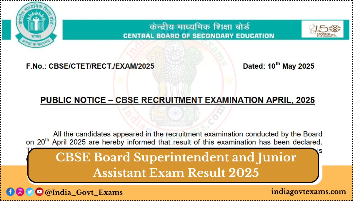 CBSE Board Superintendent and Junior Assistant Exam Result 2025