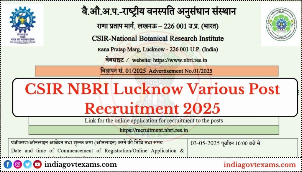 CSIR NBRI Lucknow Various Post Recruitment 2025