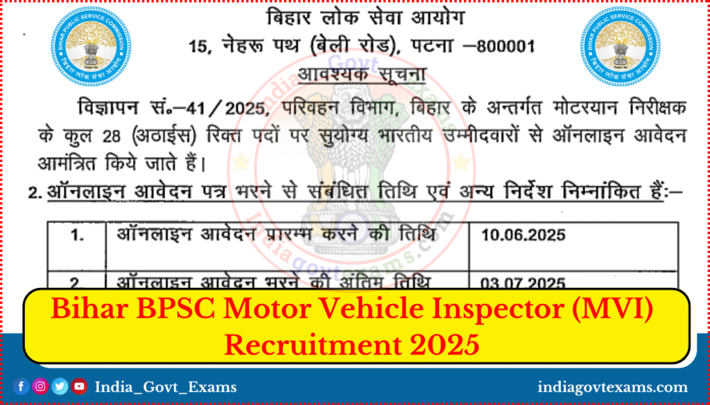 Bihar BPSC Motor Vehicle Inspector (MVI) Recruitment 2025