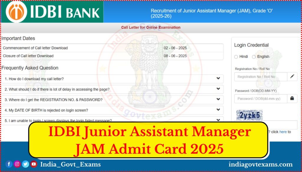 IDBI Junior Assistant Manager JAM Admit Card 2025