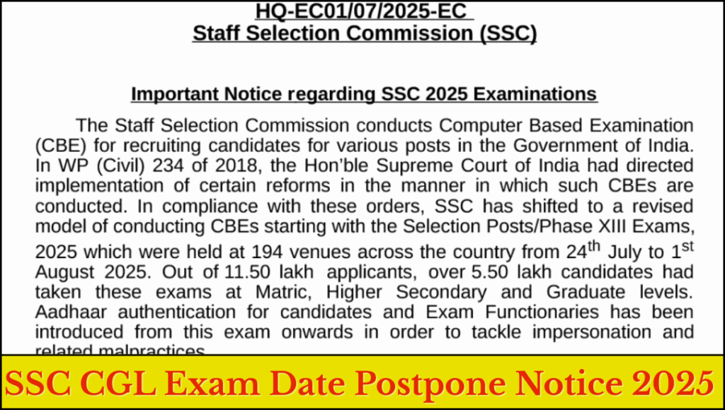 SSC CGL Exam Date Postpone Notice 2025