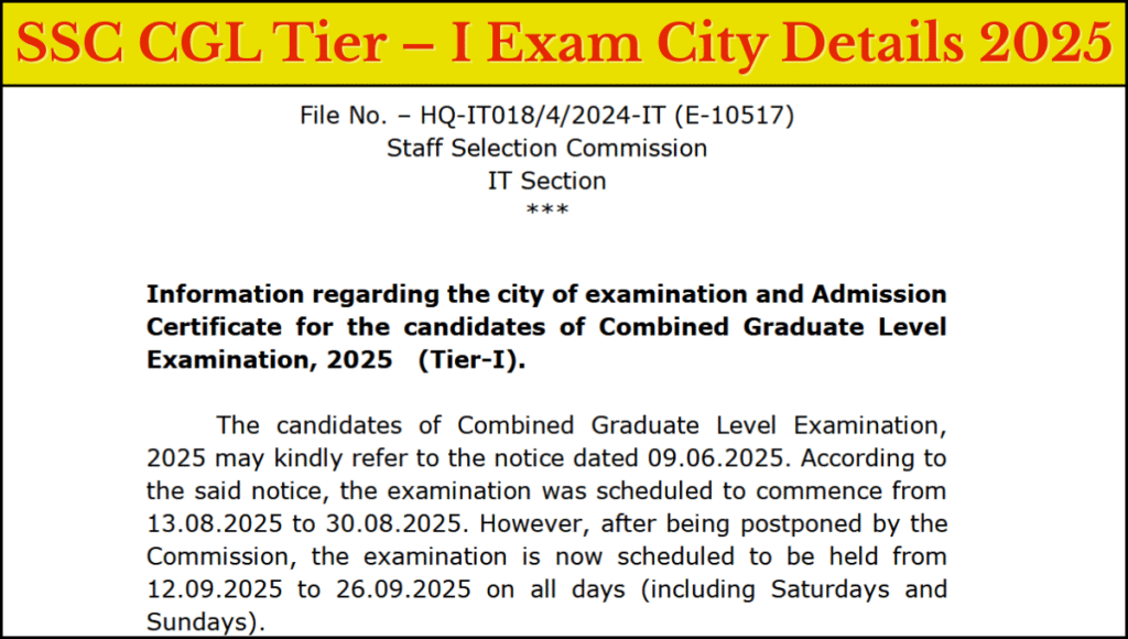 SSC CGL Tier – I Exam City Details 2025